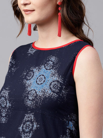 Women's  Navy Blue & Red Printed Maxi Dress