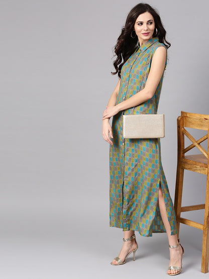 Women's  Grey & Green Printed Maxi Shirt Dress