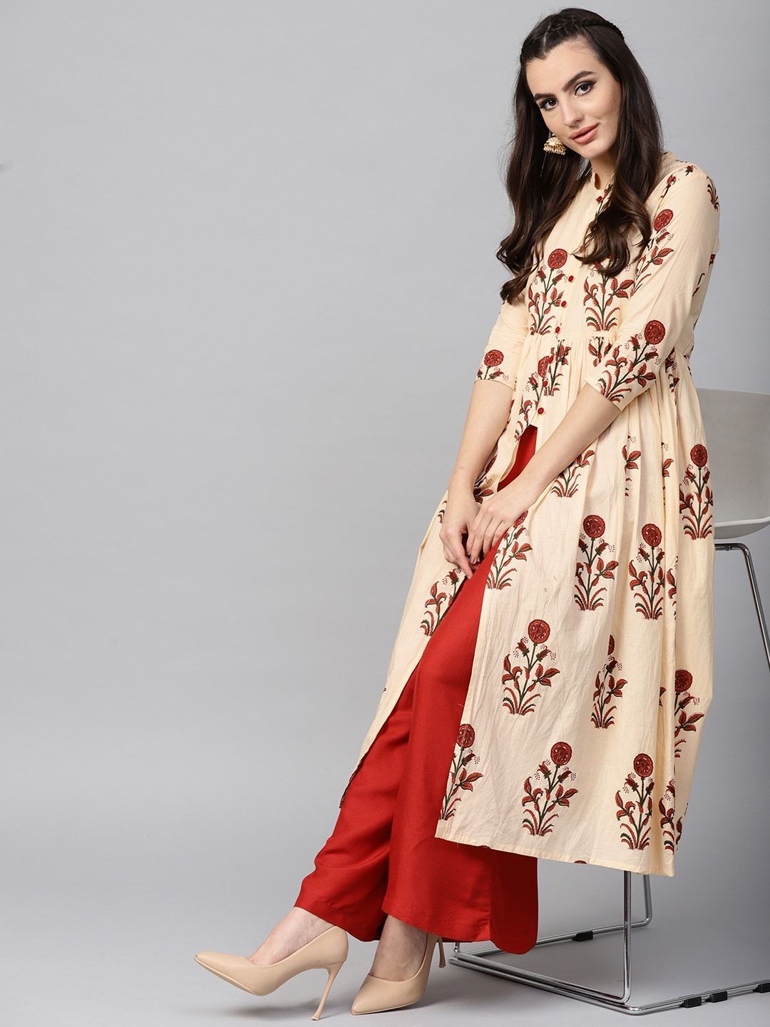 Women's  Cream-Coloured & Maroon Floral Print A-Line Kurta