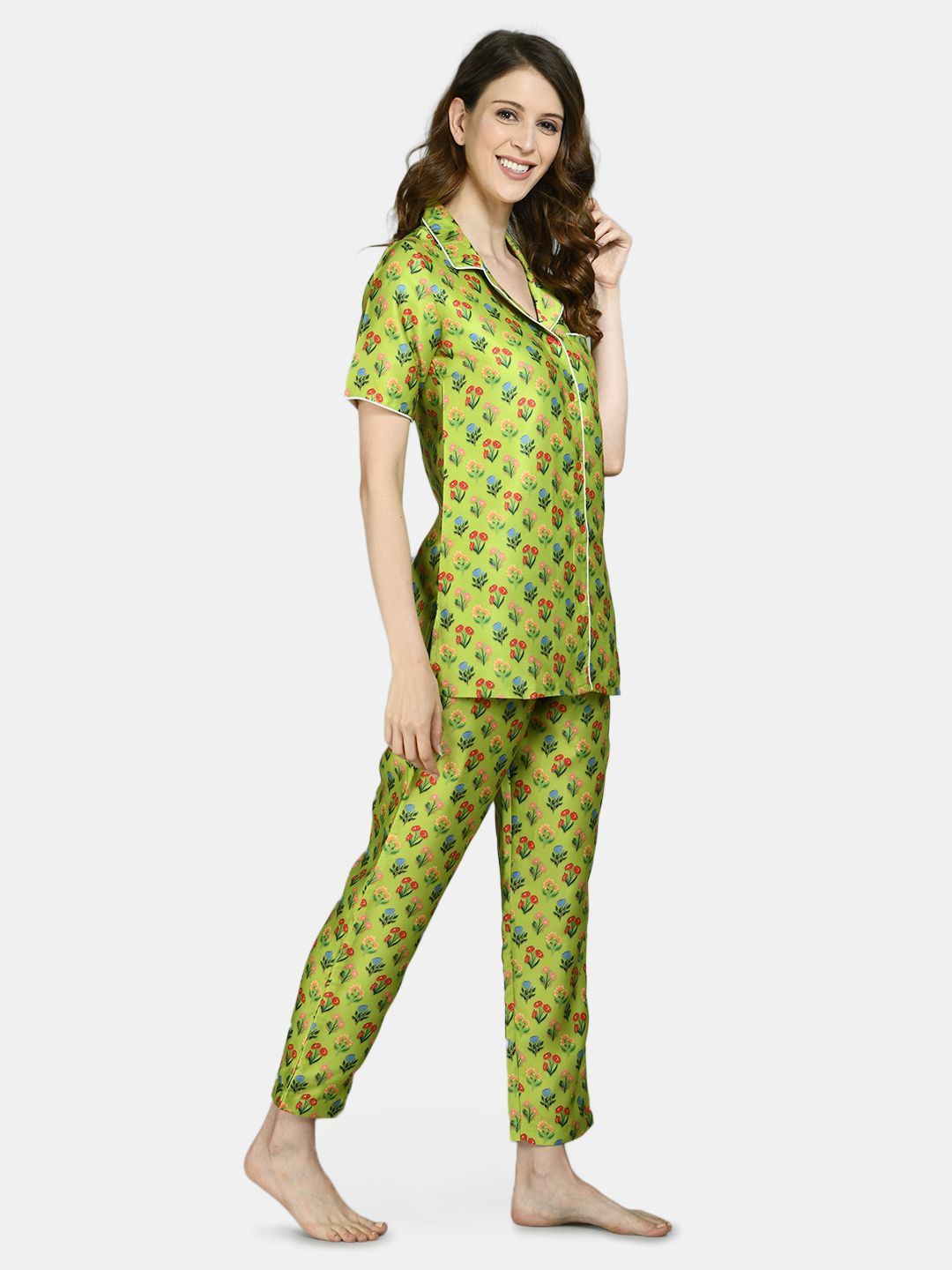 Women Green Printed Night Suit by Myshka (