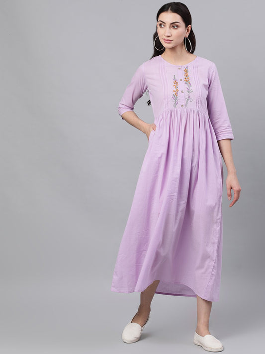 Women's Lavender Solid Solid Round Neck Cotton Maxi Dress