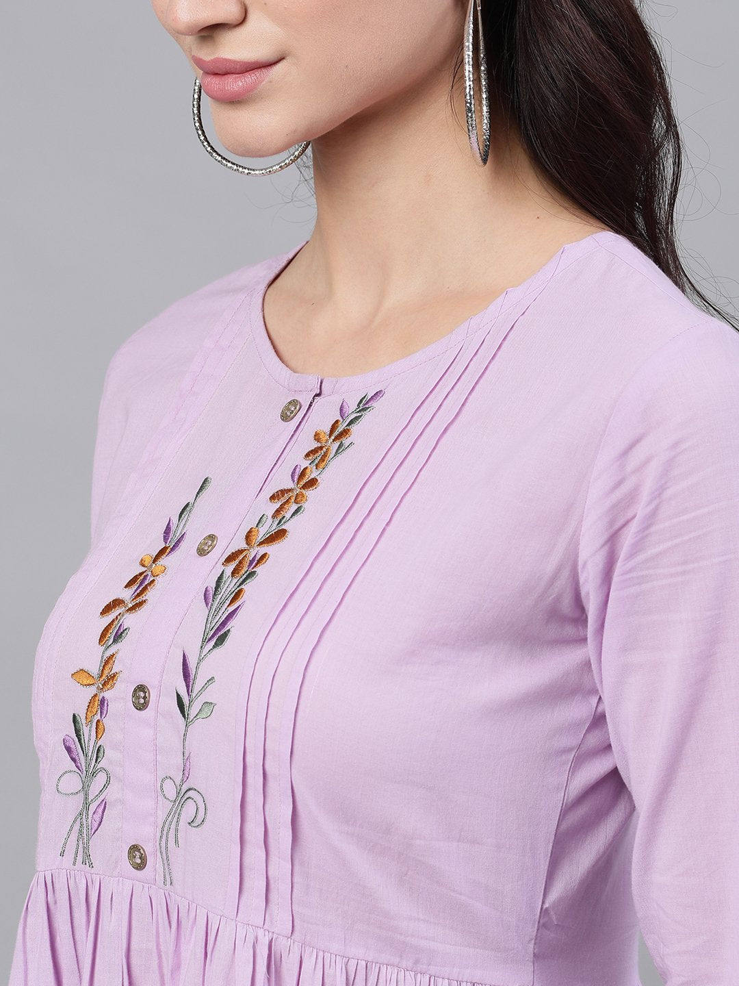 Women's Lavender Solid Solid Round Neck Cotton Maxi Dress