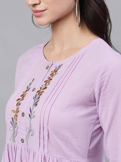 Women's Lavender Solid Solid Round Neck Cotton Maxi Dress