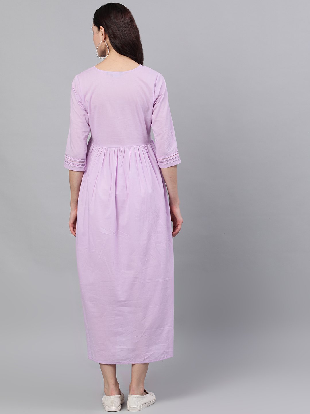 Women's Lavender Solid Solid Round Neck Cotton Maxi Dress