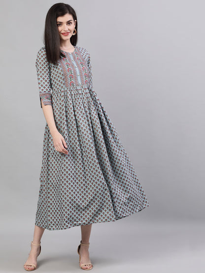 Women's Blue Ethnic Motifs Printed Round Neck Cotton Maxi Dress