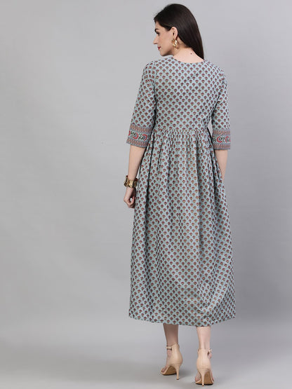 Women's Blue Ethnic Motifs Printed Round Neck Cotton Maxi Dress