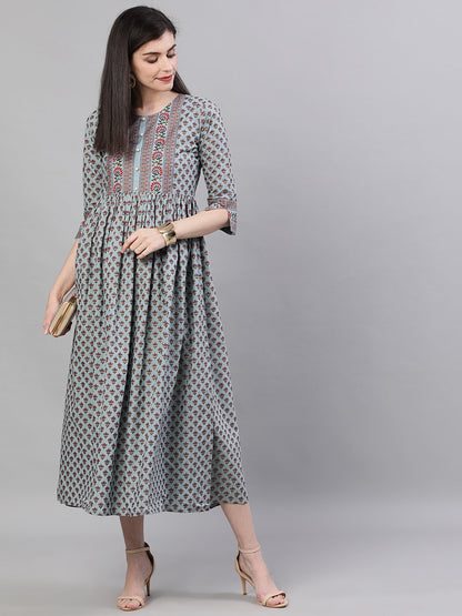 Women's Blue Ethnic Motifs Printed Round Neck Cotton Maxi Dress