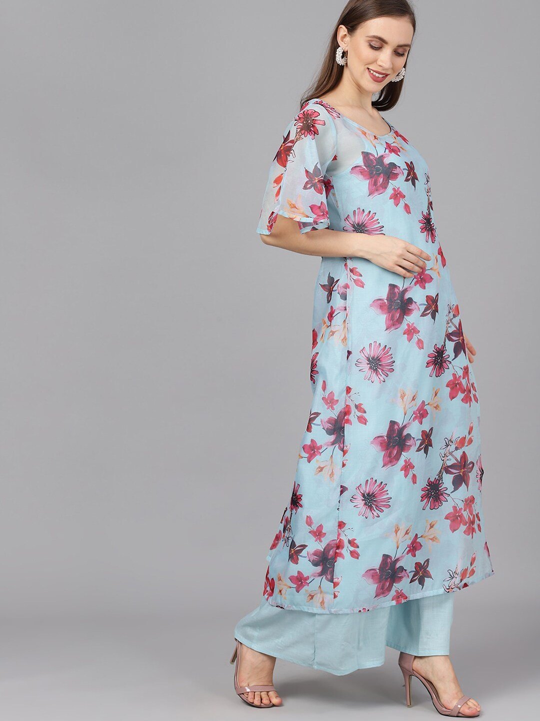 Women's  Blue & Pink Printed Layered Maxi Dress