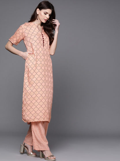 Women's  Peach-Coloured & Golden Printed Kurta with Palazzos