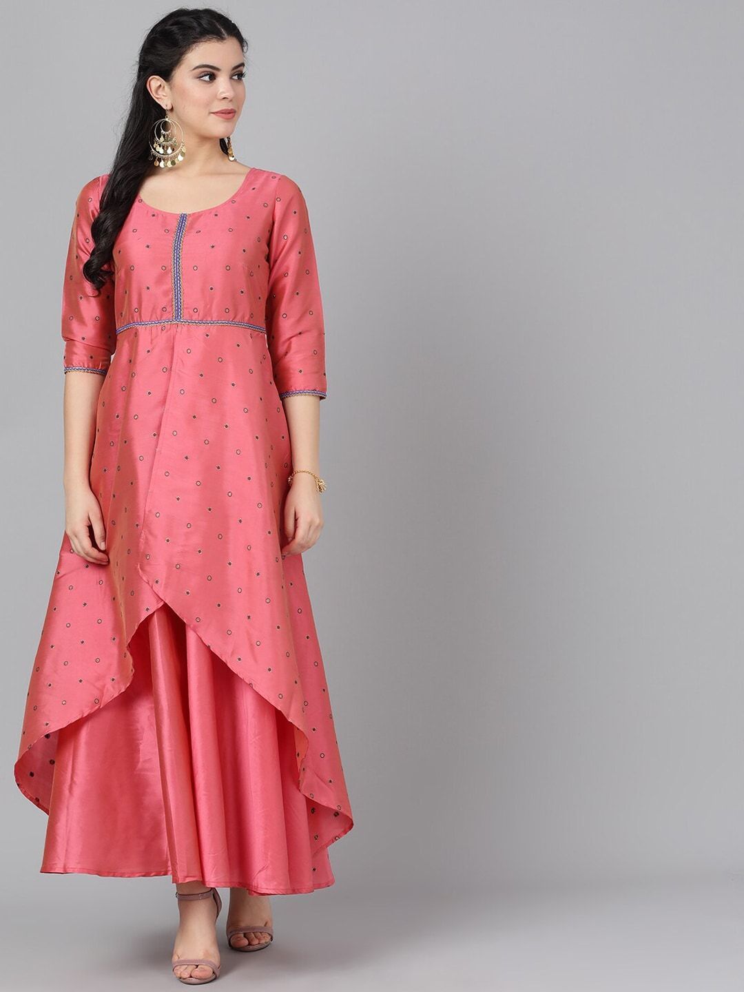 Women's  Pink Embroidered Layered Ethnic Maxi Dress