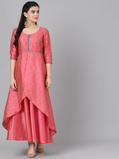 Women's  Pink Embroidered Layered Ethnic Maxi Dress