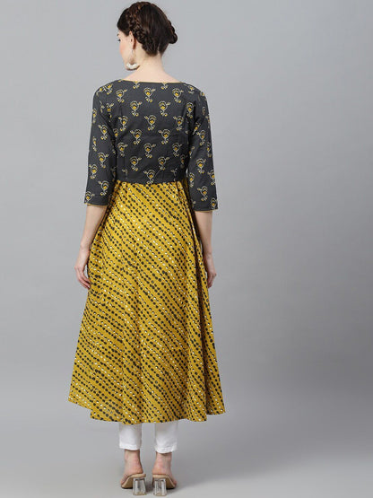 Women's  Mustard & Grey Dyed Anarkali Kurta