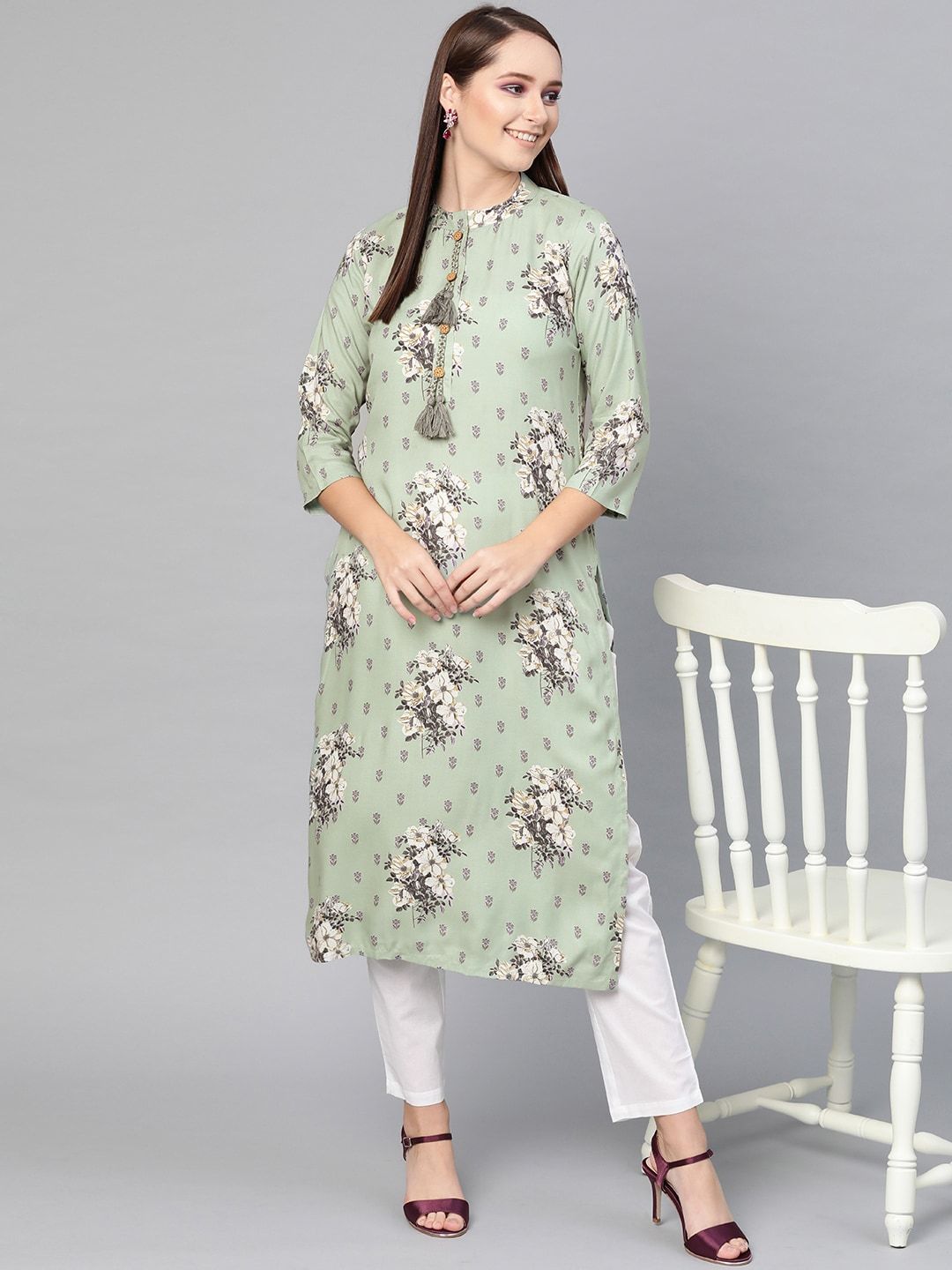 Women's  Green & Grey Floral Print Straight Kurta