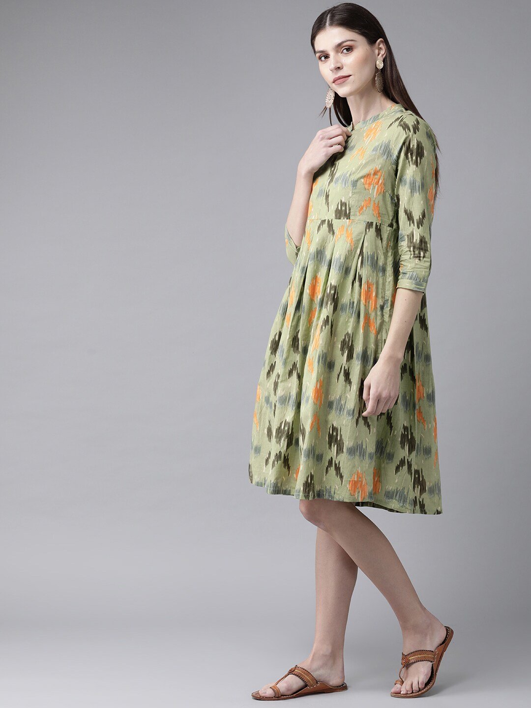 Women's  Green & Orange Printed A-Line Dress