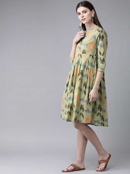 Women's  Green & Orange Printed A-Line Dress