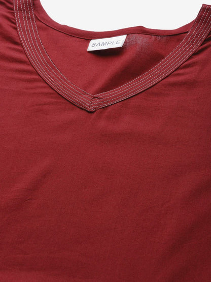 Women's  Maroon & Off-White Solid Kurta with Palazzos & Dupatta