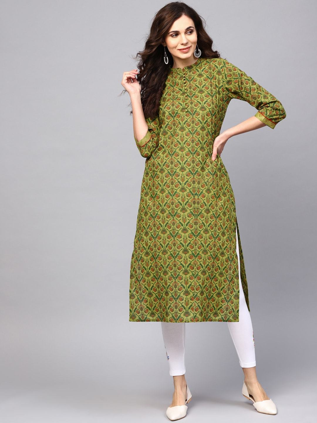 Women's  Green & Brown Printed Straight Kurta