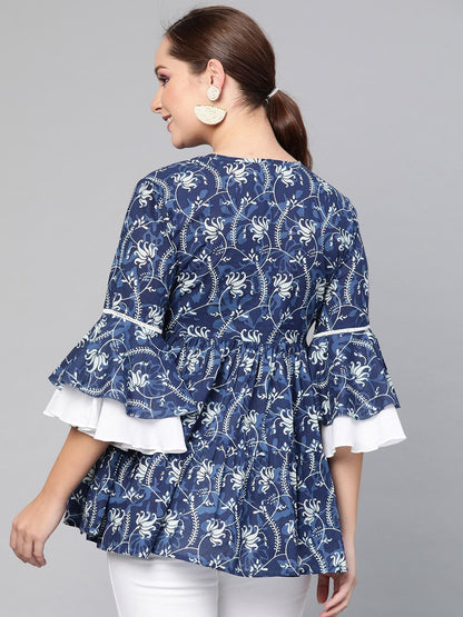Women's  Navy Blue & White Printed A-Line Tunic