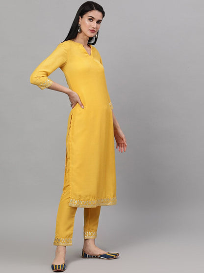 Women's  Yellow & Gold-Toned Embroidered Kurta with Trousers
