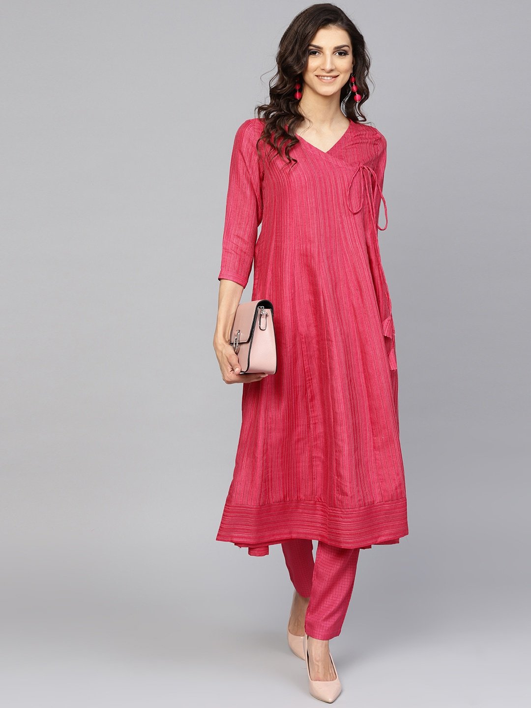 Women's  Pink Striped Angrakha A-Line Kurta
