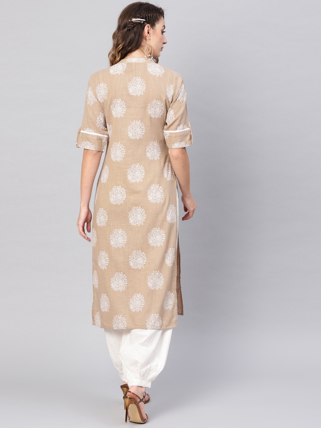 Women's  Beige & White Khari Print Straight Kurta