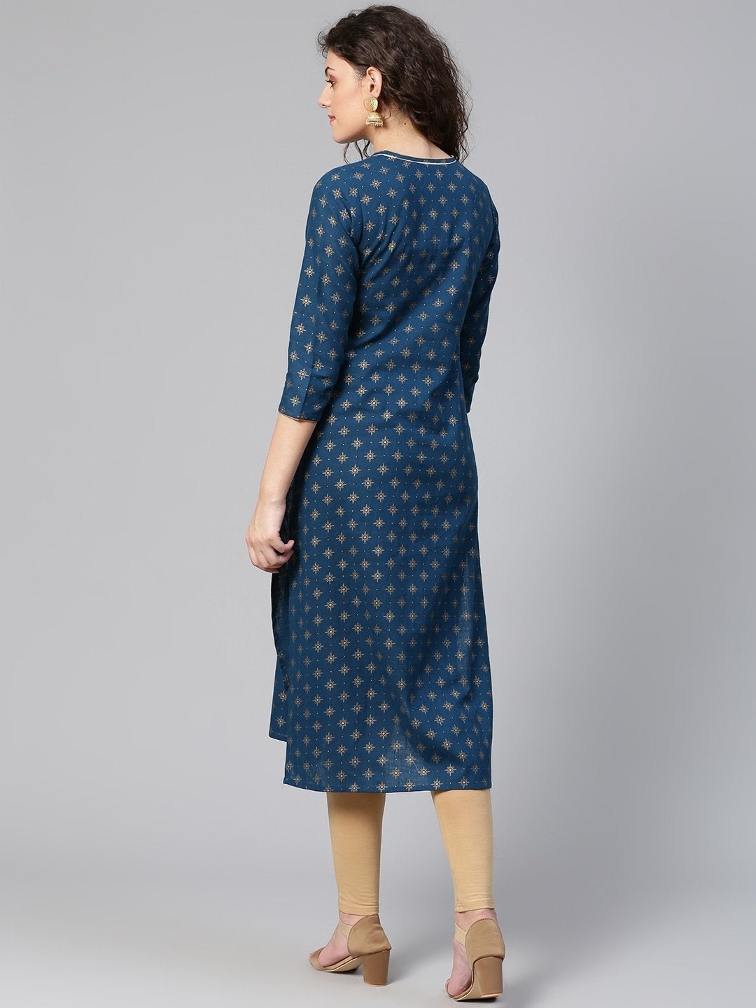 Women's Navy Blue & Golden Printed Straight Kurta