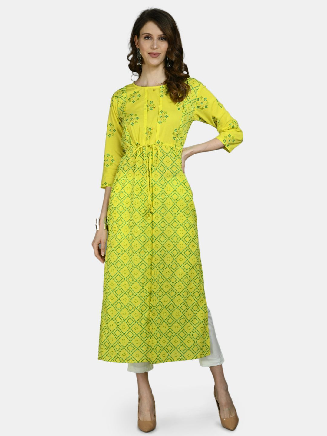 Women's Yellow Cotton Printed 3/4 Sleeve Round Neck Casual Kurta Pant Set