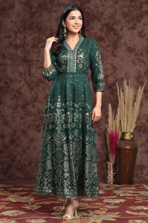 Women's Jadegreen Rayon Printed Anarkali Dress