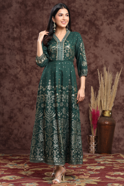Women's Jadegreen Rayon Printed Anarkali Dress
