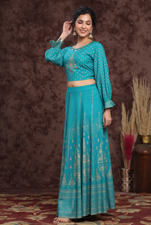 Women's Teal Rayon Printed Lehenga Choli Set