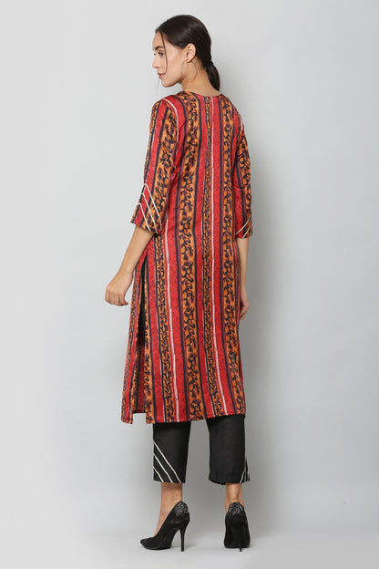 Women's Maroon Color Satin Blend Straight Printed Kurta Pant Set