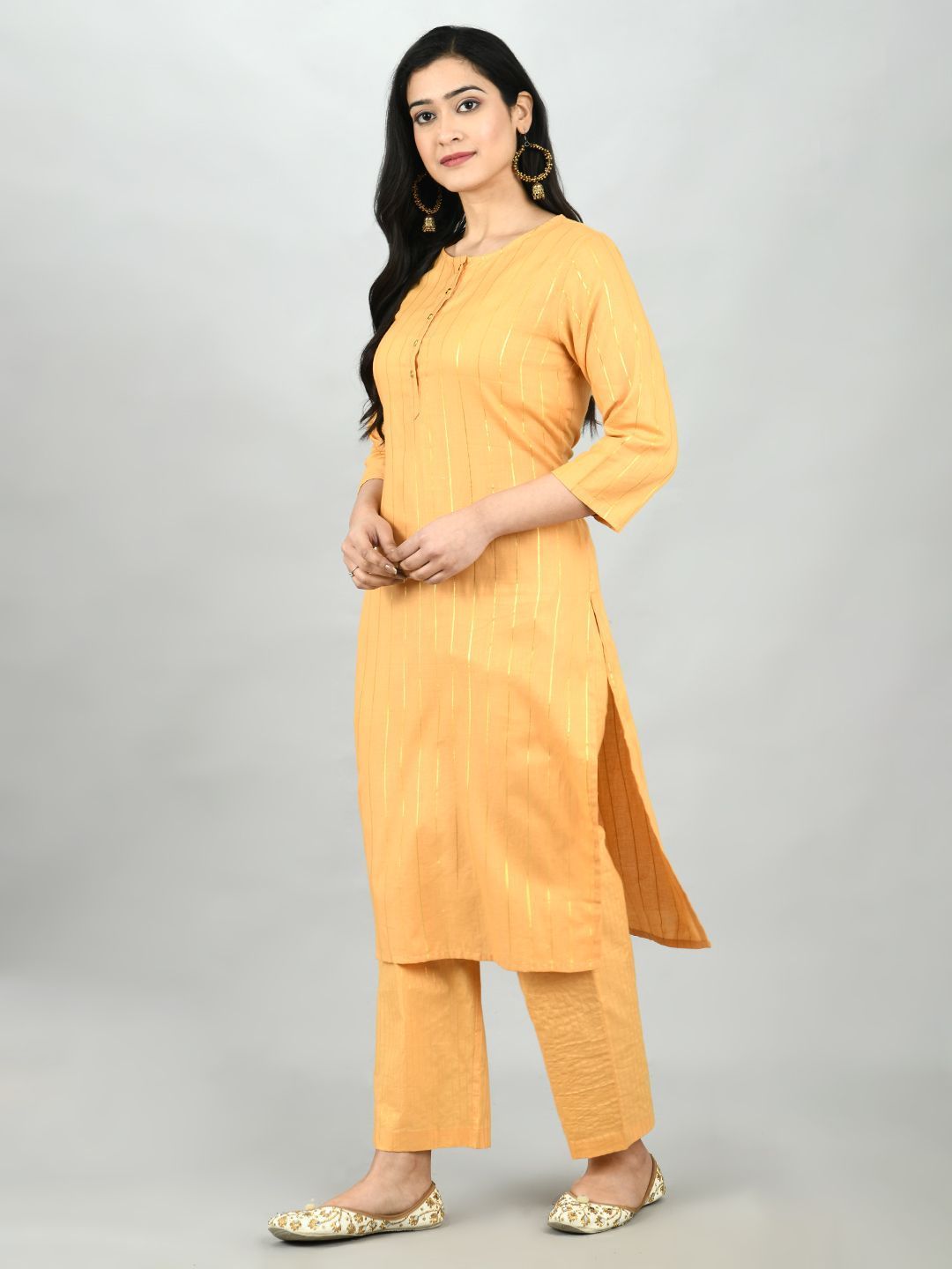 Women's Mustrd Polyester Solid 3/4 Sleeve Round Neck Casual Kurta Pant Dupatta Set