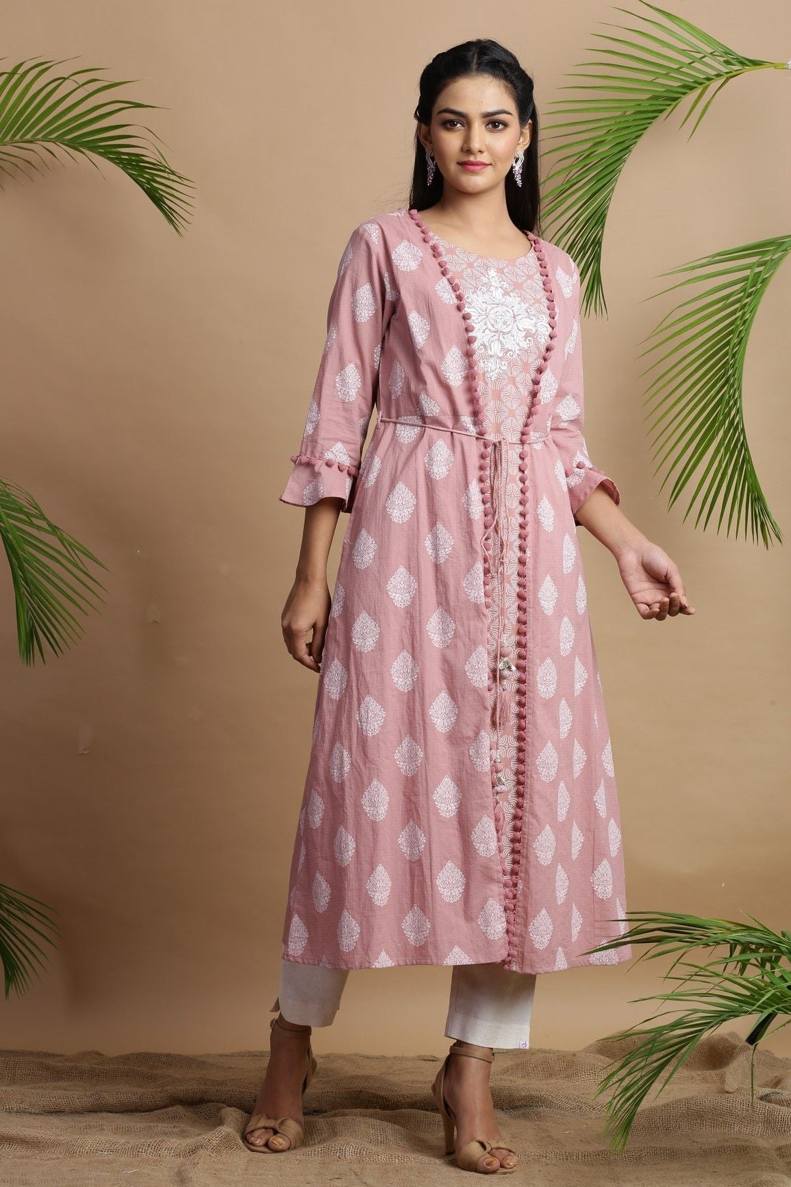 Women's Powderpink Cambric Printed Jacket Style Kurta