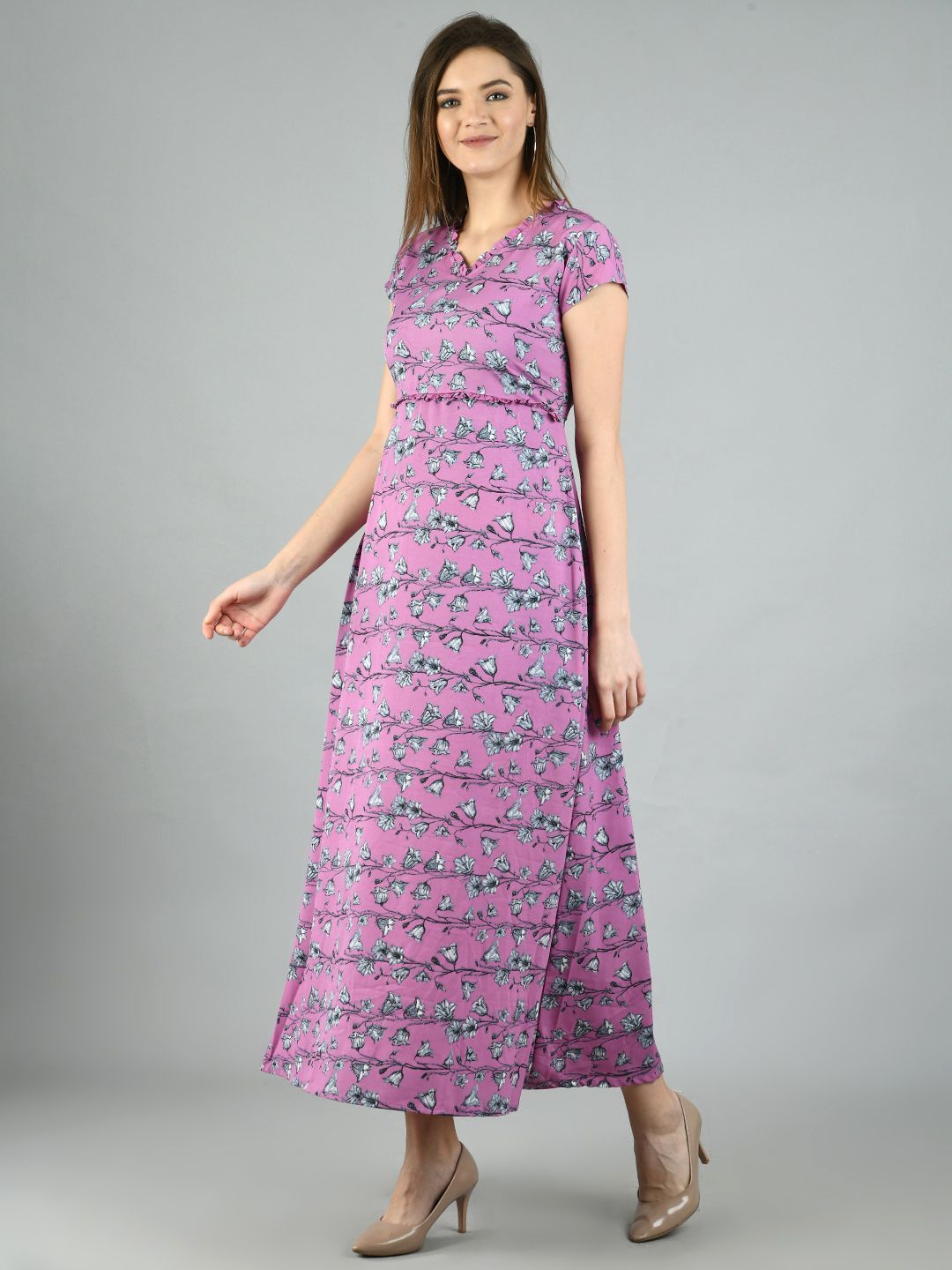 Women's Purple Polyester Printed Short Sleeve V Neck Casual Dress