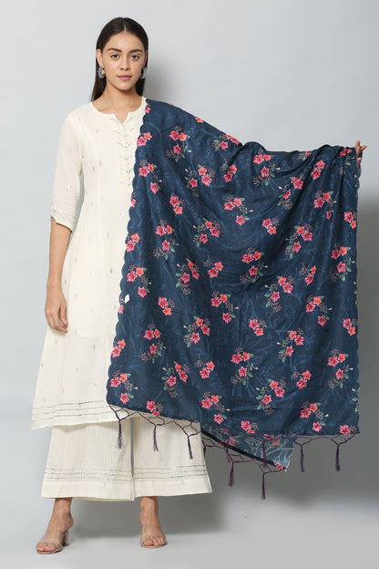 Women's Navy Blue Color Art Muslin Embroidery and Digital Printed Dupatta