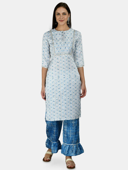 Women's Blue Silk Printed 3/4 Sleeve Round Neck Casual Kurta Palazzo Dupatta Set