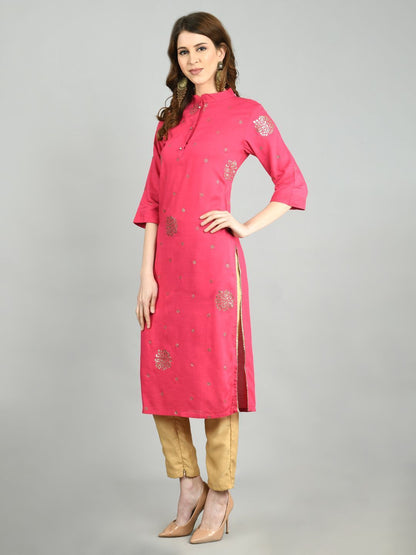 Women's Pink Cotton Printed 3/4 Sleeve Mandarin Neck Casual Kurta Dupatta Set