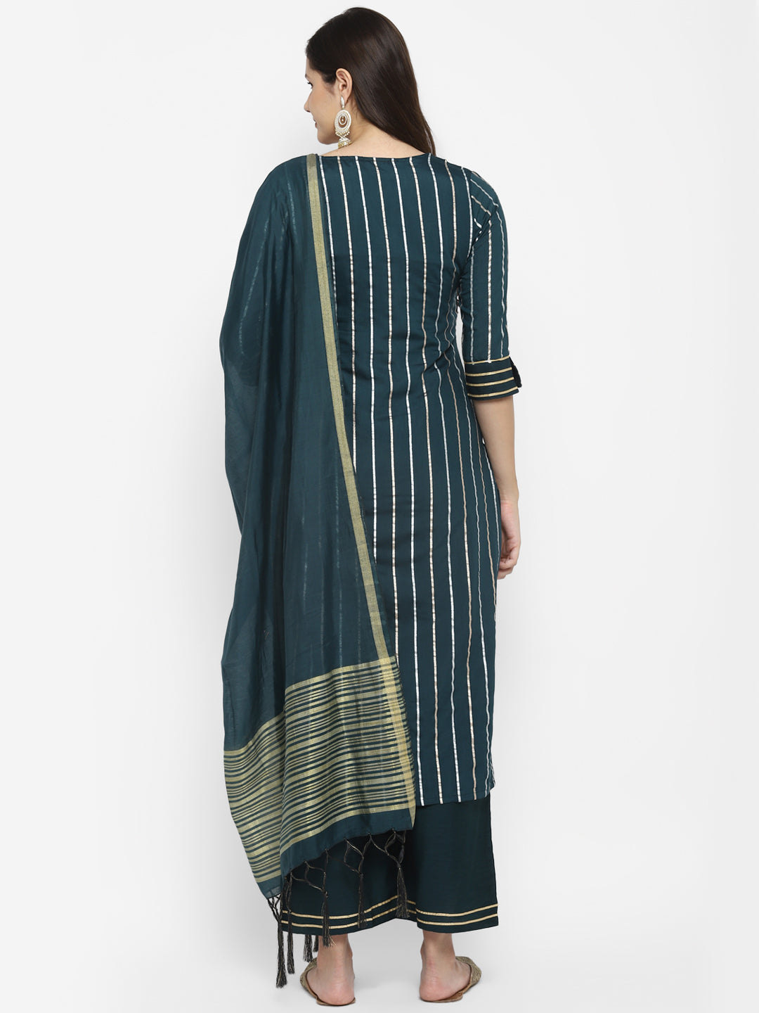 Women's Green Color Chanderi Silk Embroidered Straight Kurta Palazzo With Dupatta