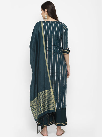 Women's Green Color Chanderi Silk Embroidered Straight Kurta Palazzo With Dupatta