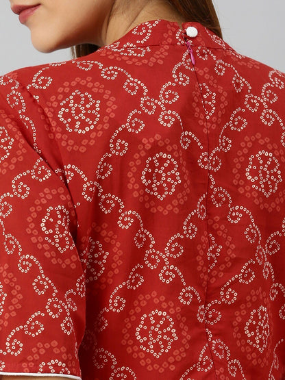 Women's  Red & White Embellished A-Line Kurta