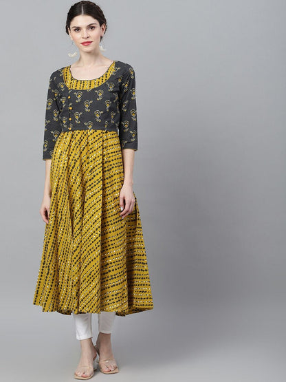 Women's  Mustard & Grey Dyed Anarkali Kurta