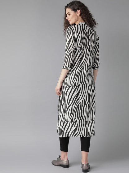 Women's  White & Black Printed Straight Kurta