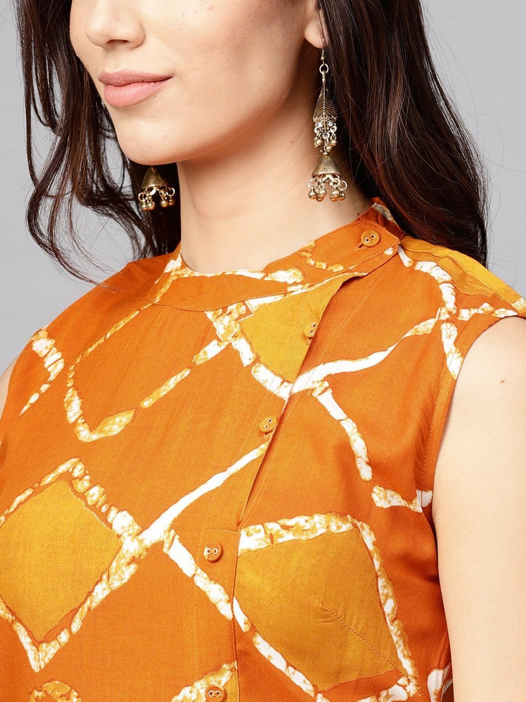 Women's  Orange & Mustard Yellow Checked Straight Kurta