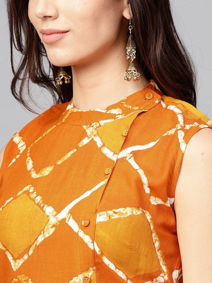 Women's  Orange & Mustard Yellow Checked Straight Kurta