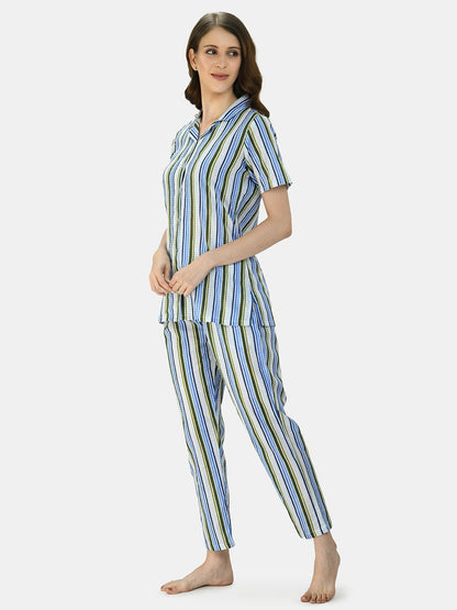 Women's Multicolor Cotton Printed Half Sleeve Coller Casual Night Suit
