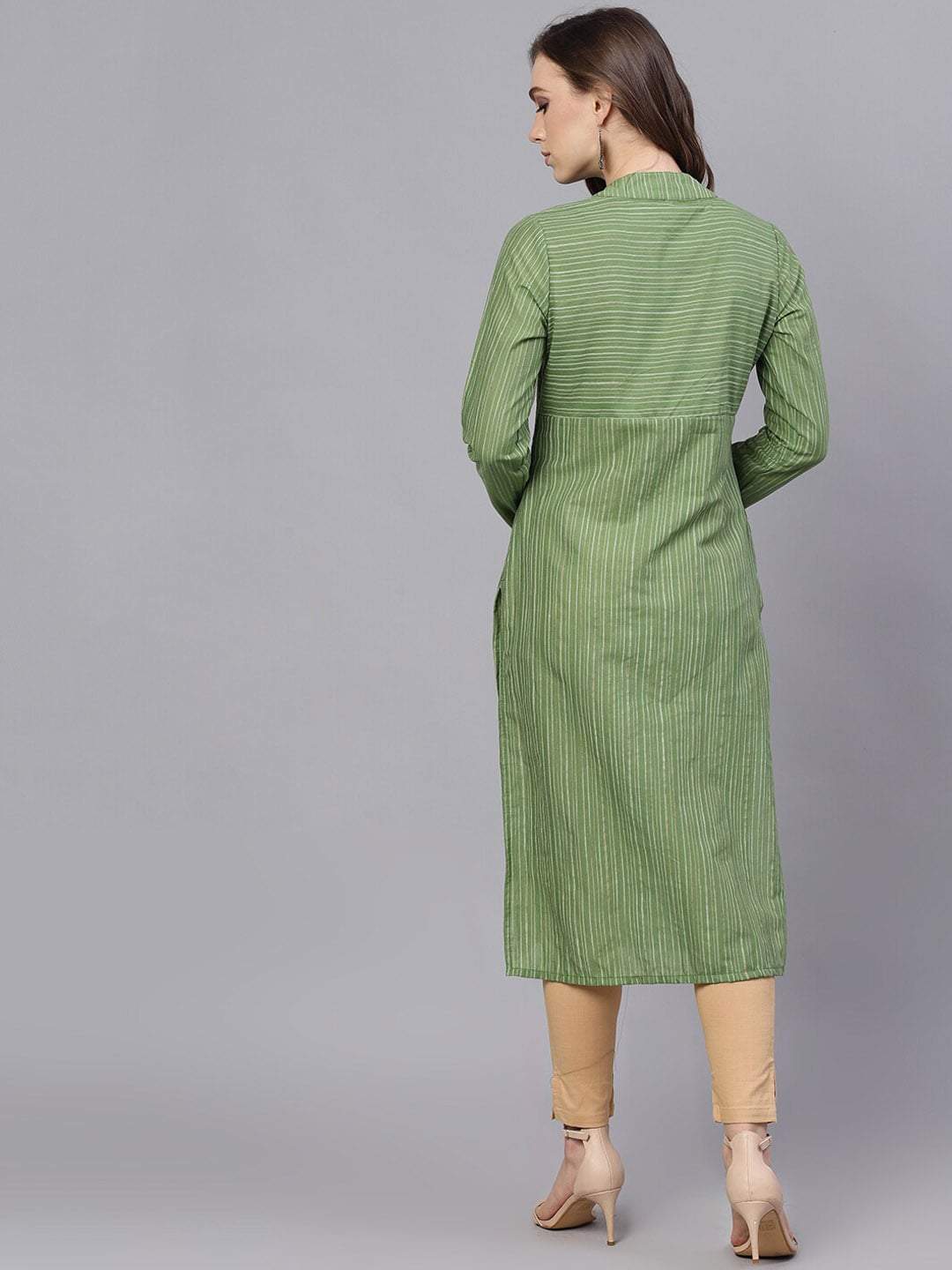 Women's  Green Striped Straight Kurta