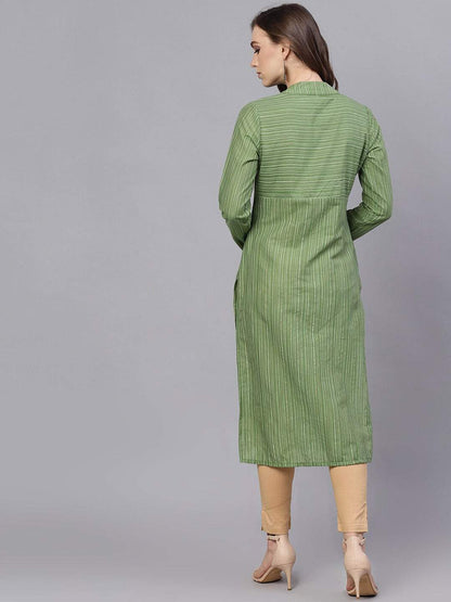Women's  Green Striped Straight Kurta