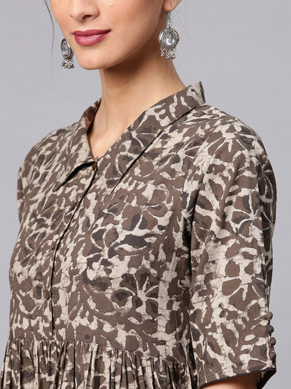 Women's  Brown & Grey Printed A-Line Kurta