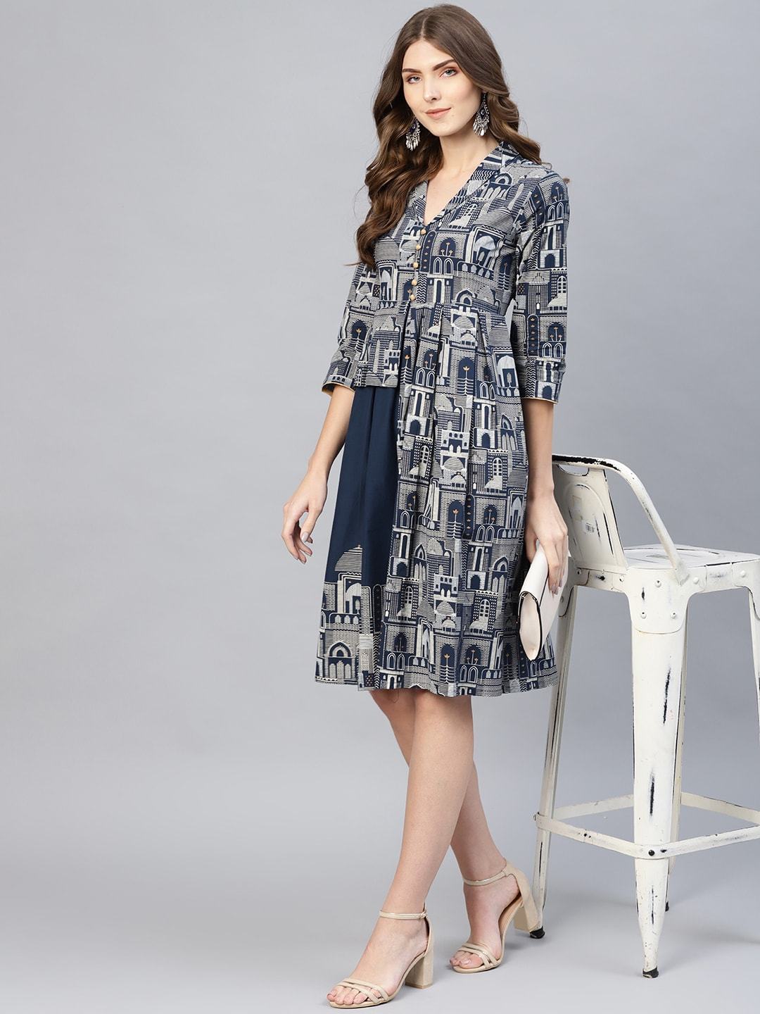 Women's  Navy & Off-White Printed Layered A-Line Dress
