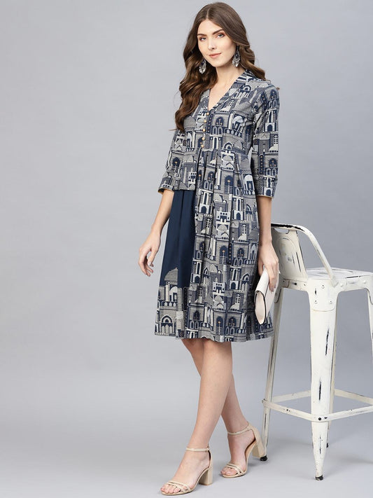 Women's  Navy & Off-White Printed Layered A-Line Dress
